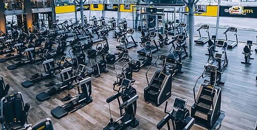 Großer Fitnessraum mit zahlreichen Kardiogeräten wie Laufbänder und Crosstrainer auf Holzfußboden.