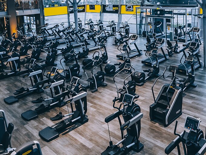Großer Fitnessraum mit zahlreichen Kardiogeräten wie Laufbänder und Crosstrainer auf Holzfußboden.