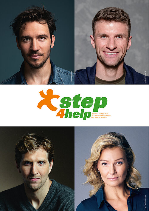 Felix Neureuther (Foto: FRANKBAUER), Thomas Müller (Foto: Ruppografie) und Dirk Nowitzki sowie Franziska van Almsick (Foto: Fabian Hensel) engagieren sich für den step4help. Felix Neureuther (Foto: FRANKBAUER), Thomas Müller (Foto: Ruppografie) und Dirk Nowitzki sowie Franziska van Almsick (Foto: Fabian Hensel) engagieren sich für den step4help.