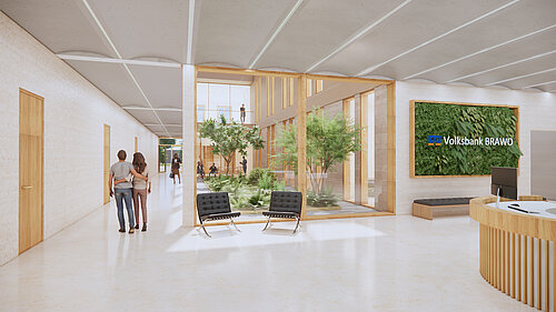 Helle Bankenlobby mit Pflanzen, Sitzgelegenheiten und Menschen, die sich unterhalten. Volksbank BRAWO-Logo sichtbar.