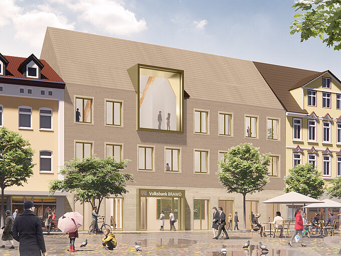 Straßenszene mit modernen Gebäudeentwurf, Volksbank-Filiale, Menschen im Gespräch auf Gehweg, Bäume und Café mit Sitzbereich.