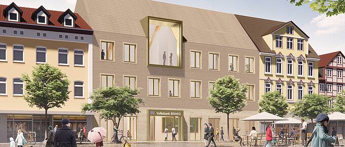 Straßenszene mit modernen Gebäudeentwurf, Volksbank-Filiale, Menschen im Gespräch auf Gehweg, Bäume und Café mit Sitzbereich.