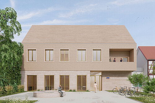 Modernes Bankgebäude mit Ziegeldach, Personen im Eingangsbereich und zwei Menschen auf einem Balkon bei Tageslicht.