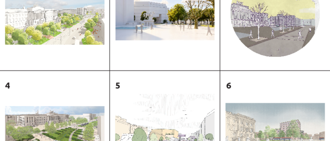 Collage mit den 6 Entwürfen, drei in einer Reihe.