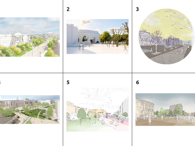 Collage mit den 6 Entwürfen, drei in einer Reihe.