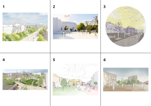 Collage mit den 6 Entwürfen, drei in einer Reihe.