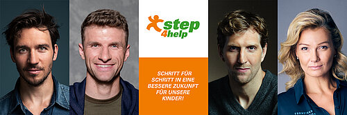 Felix Neureuther (Foto: FRANKBAUER), Thomas Müller (Foto: Ruppografie) und Dirk Nowitzki sowie und Franziska van Almsick (Foto: Fabian Hensel) enagieren sich für den step4help..